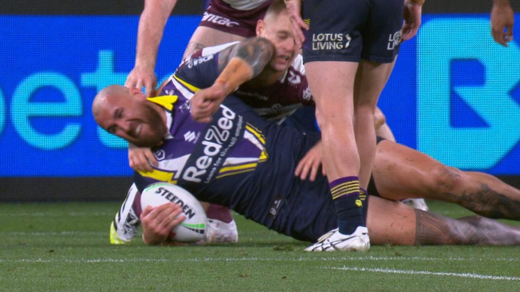 ‘Blowing up’: Storm enforcer lucky to escape sin bin over ugly elbow that ruled out Manly hooker